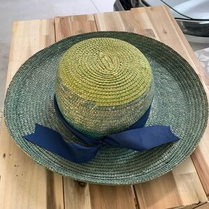 Green and Blue Straw Hat with Ribbon
